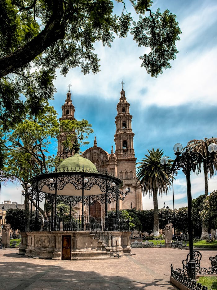 A Garden Kiosk with a Background of Our Lady of the Assumption Church in Lagos de Moreno, Jalisco, Mexico